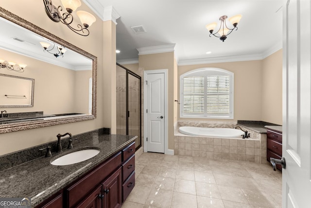 bathroom with vanity, tile patterned flooring, ornamental molding, and independent shower and bath