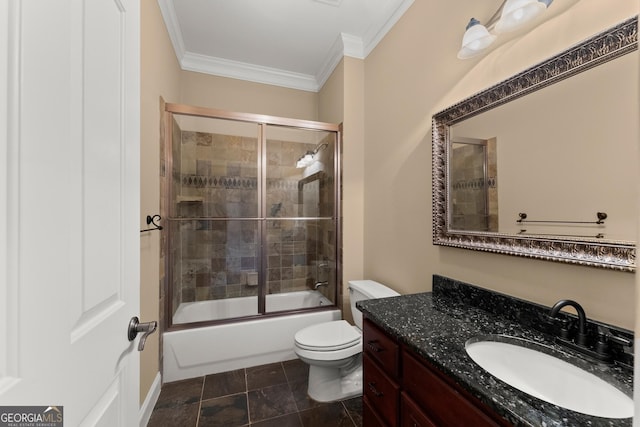 full bathroom featuring crown molding, vanity, shower / bath combination with glass door, and toilet
