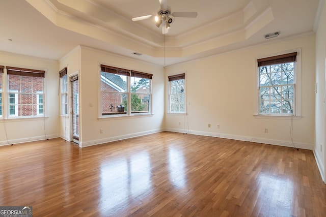 spare room with ornamental molding, a wealth of natural light, light wood-type flooring, and a tray ceiling