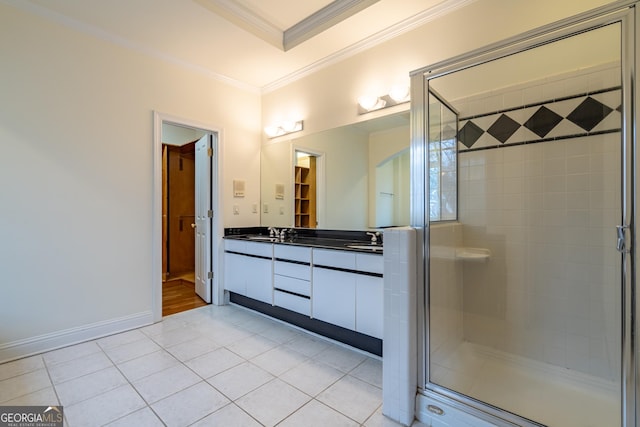 bathroom with walk in shower, ornamental molding, a tray ceiling, vanity, and tile patterned flooring