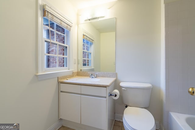 full bathroom with vanity, independent shower and bath, and toilet