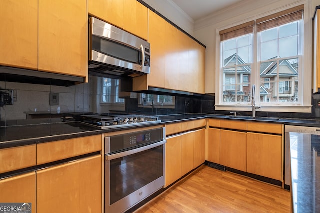 kitchen with sink, crown molding, light hardwood / wood-style flooring, stainless steel appliances, and backsplash