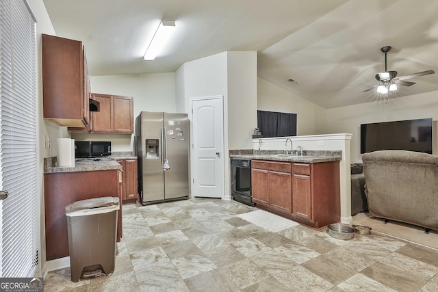 kitchen with sink, vaulted ceiling, black appliances, and ceiling fan