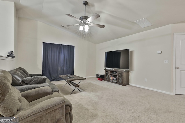 carpeted living room featuring vaulted ceiling, baseboards, visible vents, and a ceiling fan