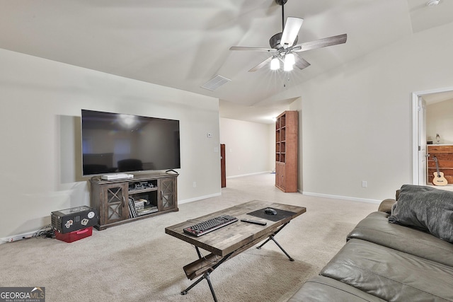 carpeted living room featuring ceiling fan