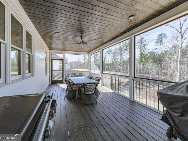 sunroom with ceiling fan and wood ceiling