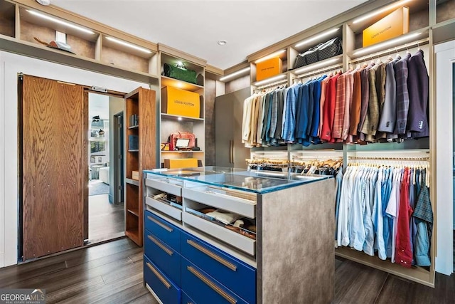 spacious closet with dark hardwood / wood-style floors