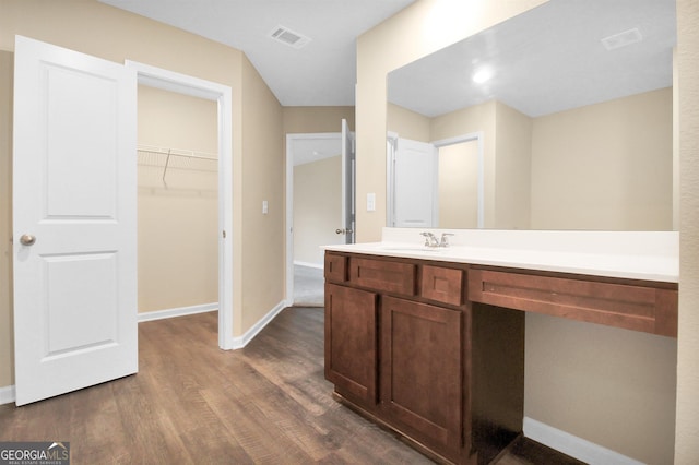 bathroom with hardwood / wood-style flooring and vanity