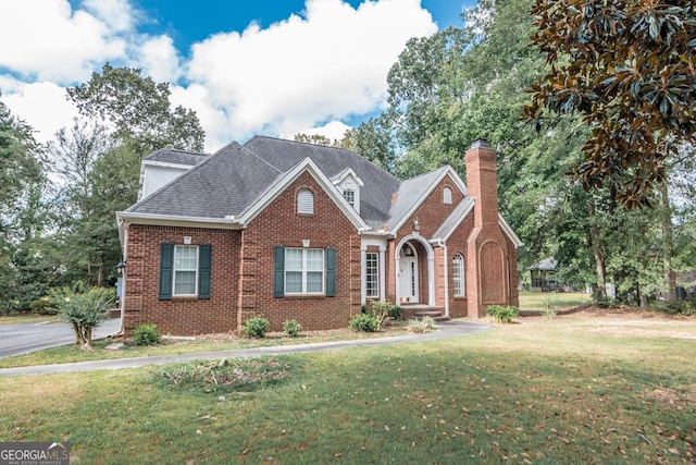 304 Stathams Way, Warner Robins, GA 31088 - traditional-style house featuring brick siding, a front yard, a chimney, and roof with shingles