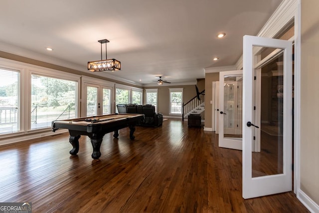 304 Stathams Way, Warner Robins, GA 31088 - rec room with french doors, crown molding, pool table, dark wood-style floors, and recessed lighting