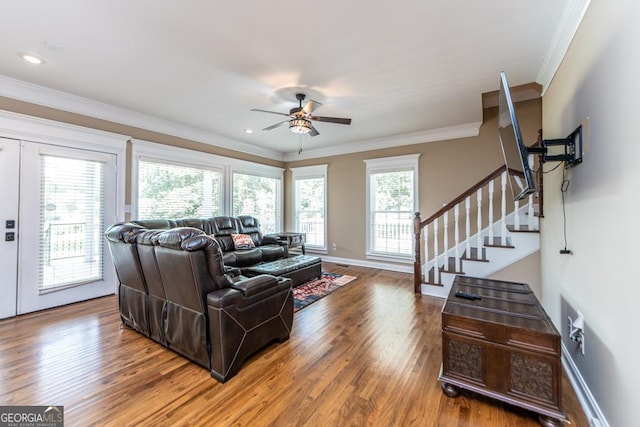 304 Stathams Way, Warner Robins, GA 31088 - living area featuring stairs, ceiling fan, wood finished floors, ornamental molding, and baseboards