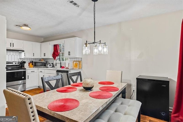 dining room with sink, a textured ceiling, and light wood-type flooring