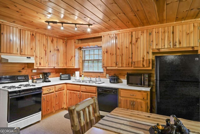 kitchen with sink, track lighting, wood ceiling, and black appliances