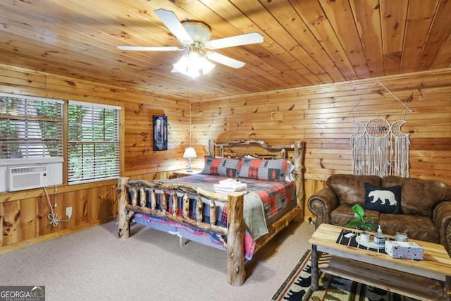 bedroom featuring ceiling fan, carpet, wood ceiling, and wood walls