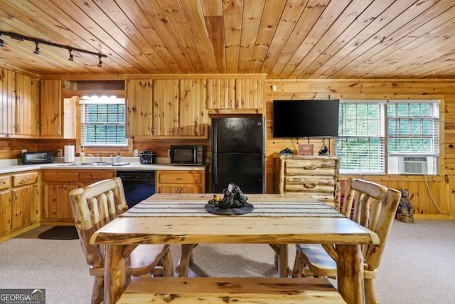 kitchen featuring wood walls, a wealth of natural light, light colored carpet, and black appliances