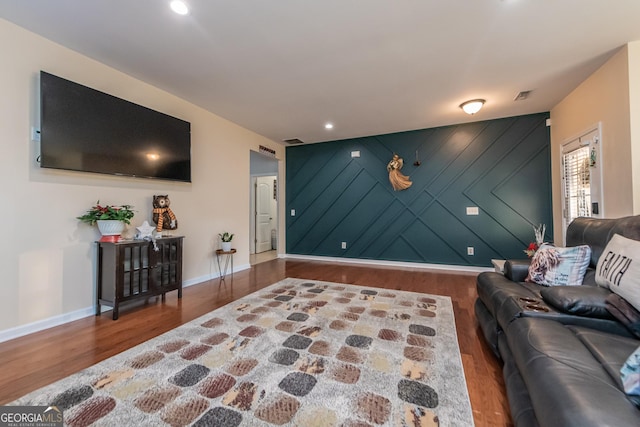 living room with dark wood-type flooring