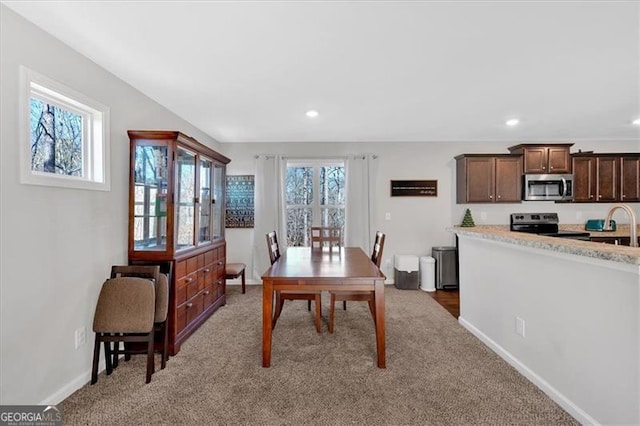 dining space featuring carpet and sink