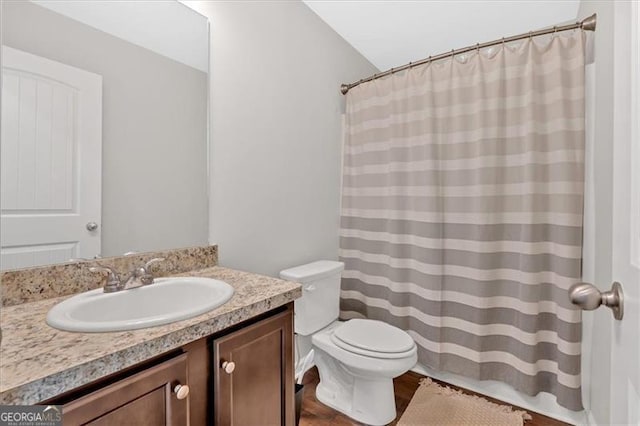 bathroom featuring vanity, wood-type flooring, and toilet