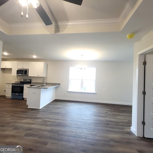 kitchen featuring sink, appliances with stainless steel finishes, white cabinetry, a tray ceiling, and kitchen peninsula