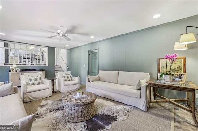 living room featuring ceiling fan