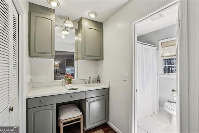 bathroom with vanity, walk in shower, and toilet