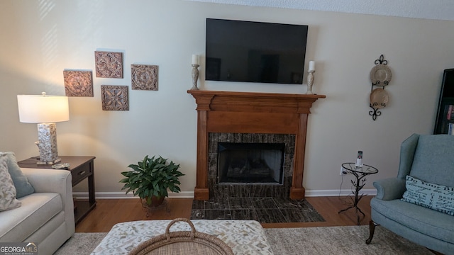 living room with a tiled fireplace and hardwood / wood-style floors