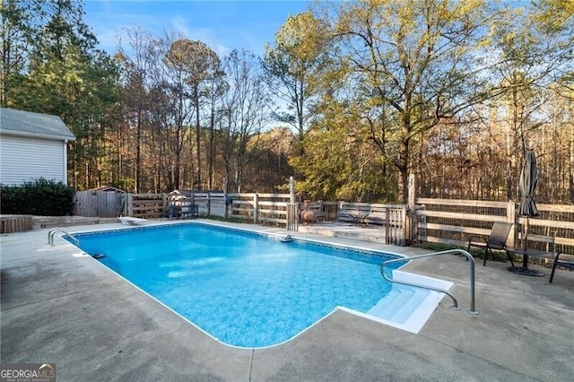 view of swimming pool featuring a diving board and a patio area