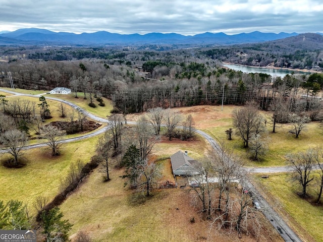 drone / aerial view featuring a water and mountain view and a rural view