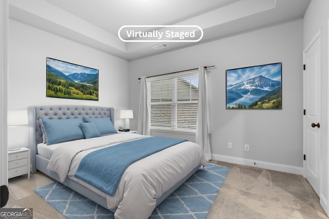 bedroom featuring light colored carpet and a raised ceiling