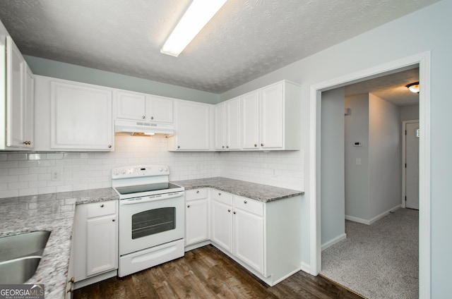 kitchen featuring white cabinetry, white electric stove, dark wood-type flooring, and decorative backsplash