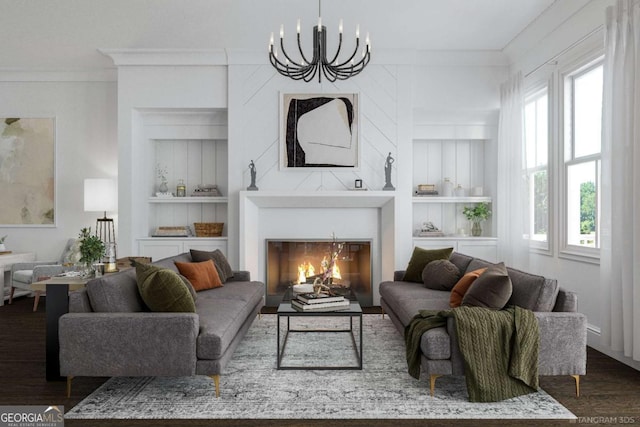 living room featuring crown molding, wood-type flooring, a notable chandelier, and built in shelves