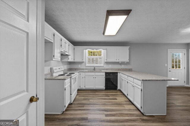 kitchen featuring white cabinetry, dishwasher, kitchen peninsula, and electric range