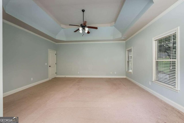 carpeted spare room featuring ceiling fan, ornamental molding, and a tray ceiling