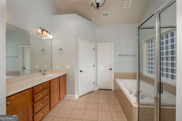 bathroom with vanity, separate shower and tub, and tile patterned floors