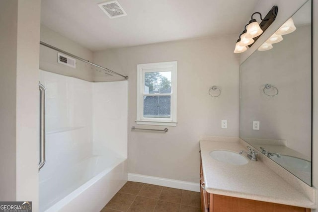 bathroom with vanity, tile patterned floors, and shower / bathing tub combination