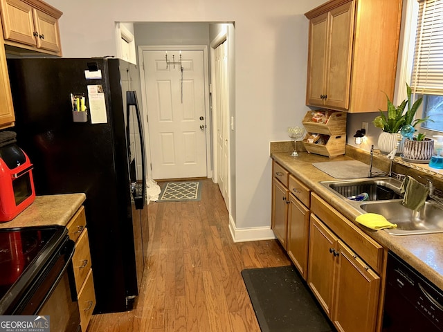 kitchen with sink, light hardwood / wood-style flooring, and black appliances