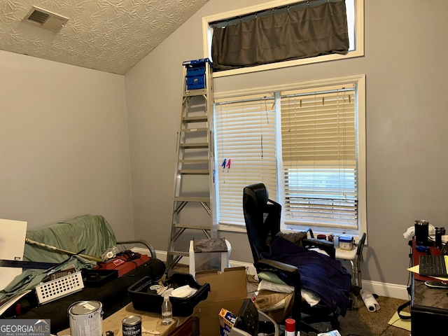 carpeted home office with vaulted ceiling and a textured ceiling