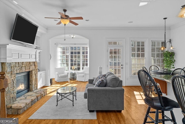 living room featuring crown molding, ceiling fan, a stone fireplace, and light hardwood / wood-style floors