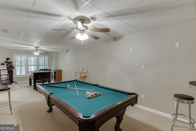 playroom featuring ceiling fan, pool table, and light colored carpet