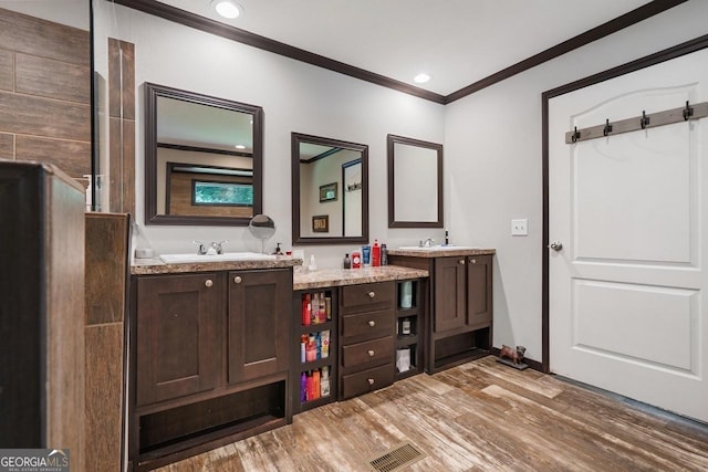 bathroom featuring crown molding, vanity, and hardwood / wood-style floors