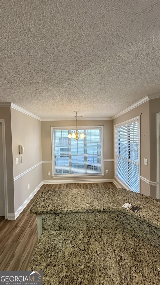 unfurnished dining area with ornamental molding, a healthy amount of sunlight, and wood finished floors