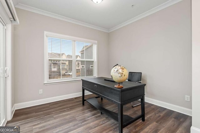 office area featuring crown molding and dark hardwood / wood-style floors