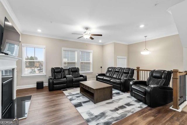 living room with hardwood / wood-style flooring, ornamental molding, and ceiling fan