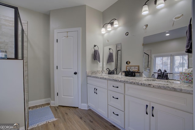 bathroom with hardwood / wood-style flooring and vanity