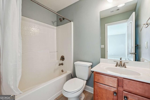 full bathroom with shower / bathtub combination with curtain, vanity, toilet, and tile patterned flooring