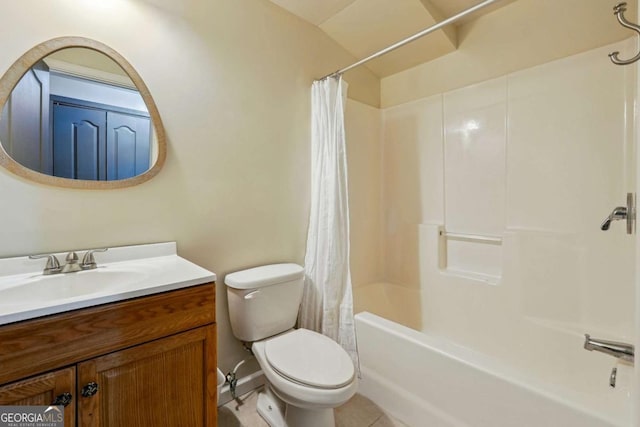 full bathroom with vanity, shower / tub combo, tile patterned flooring, and toilet