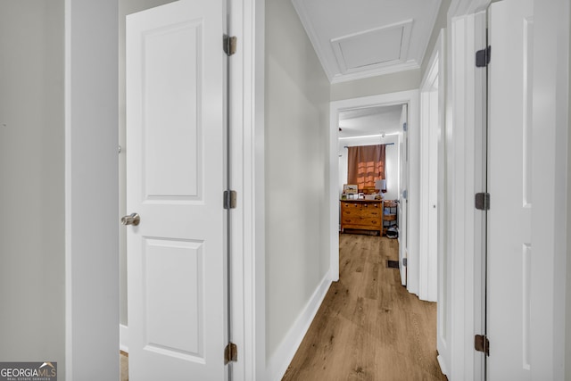 hallway featuring crown molding and light hardwood / wood-style flooring