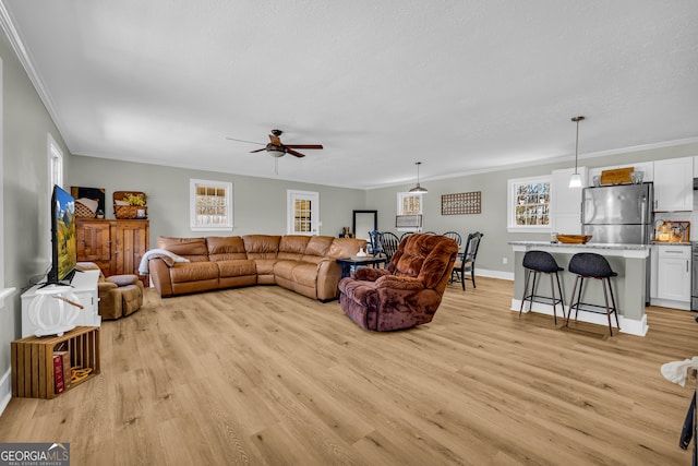 living room with ceiling fan, ornamental molding, light hardwood / wood-style flooring, and a textured ceiling