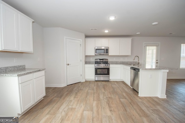 kitchen featuring white cabinetry, sink, stainless steel appliances, and kitchen peninsula