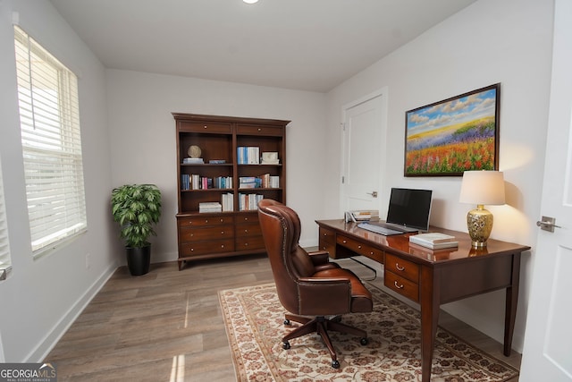 office with light wood-type flooring